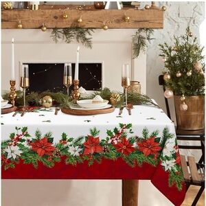 NEW (NIP) Christmas Festive Red and White Tablecloth with Floral Design, 60 x 84